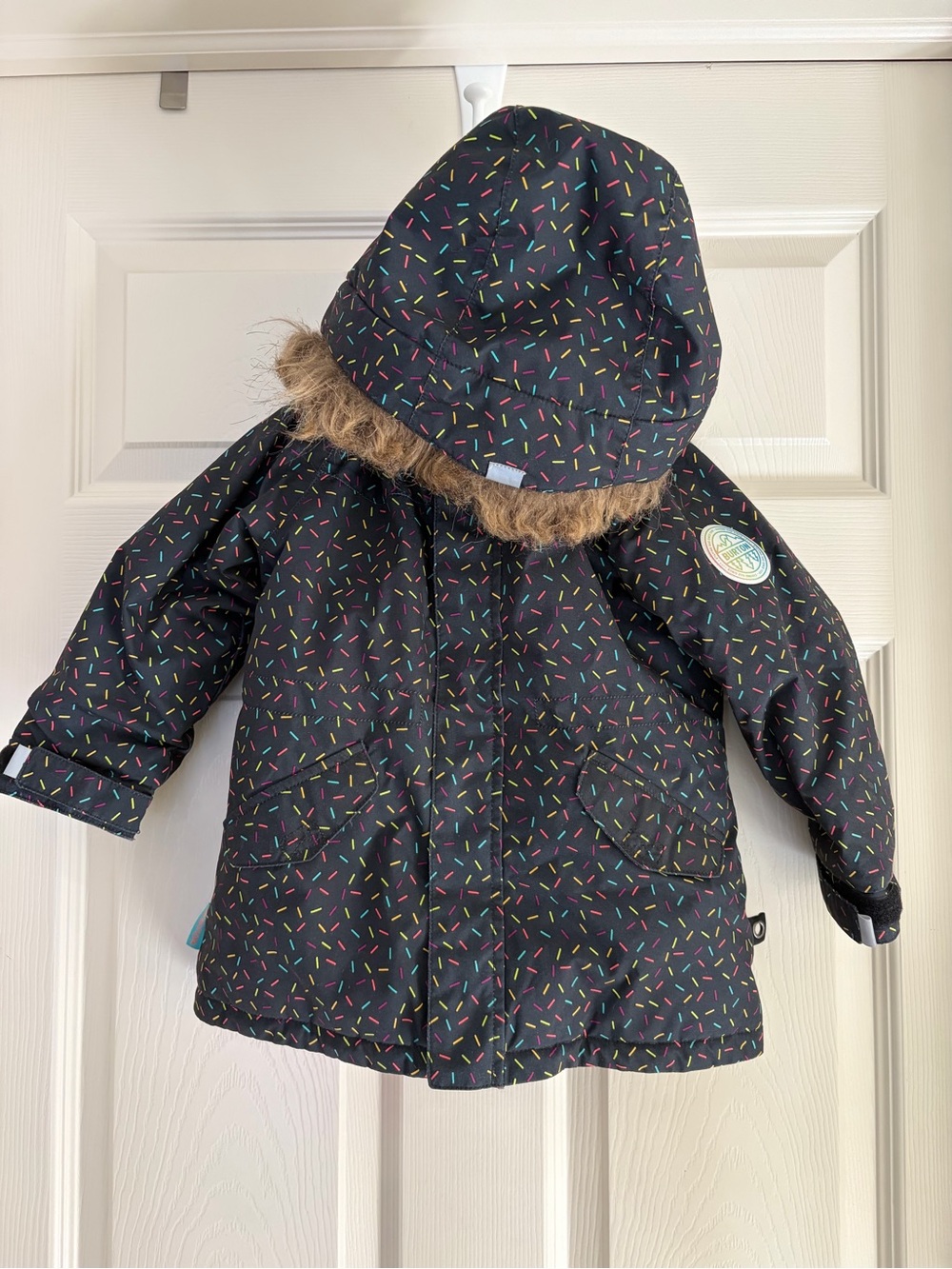 Burton Kids Black Puffer Coat with Multicolor Sprinkle Print and Faux Fur Hood